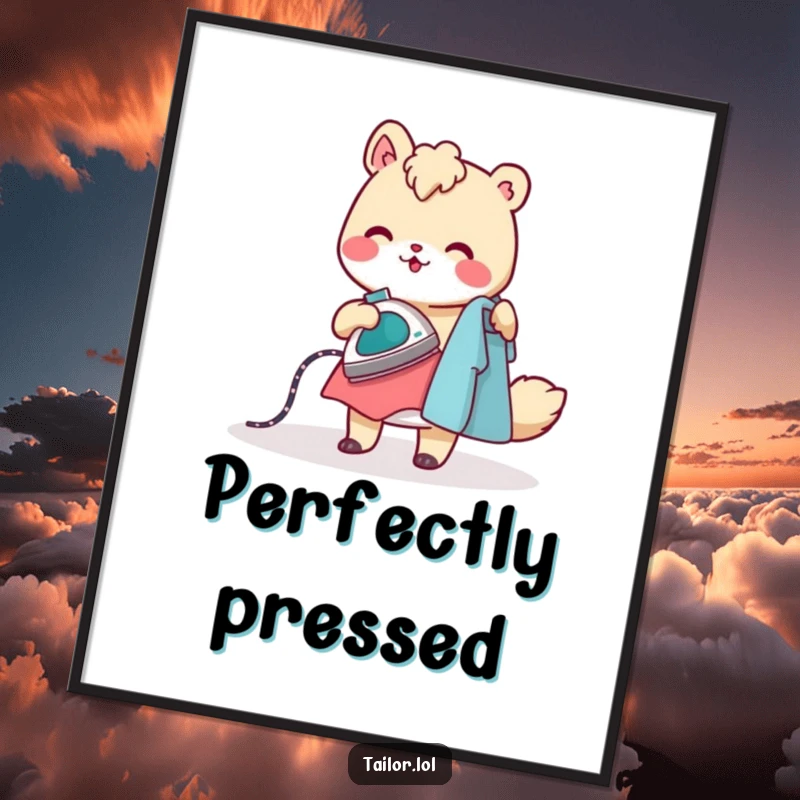 Funny digital art print of a cheerful animal character ironing clothes with a tiny, steaming iron, offering instant tidiness humor.