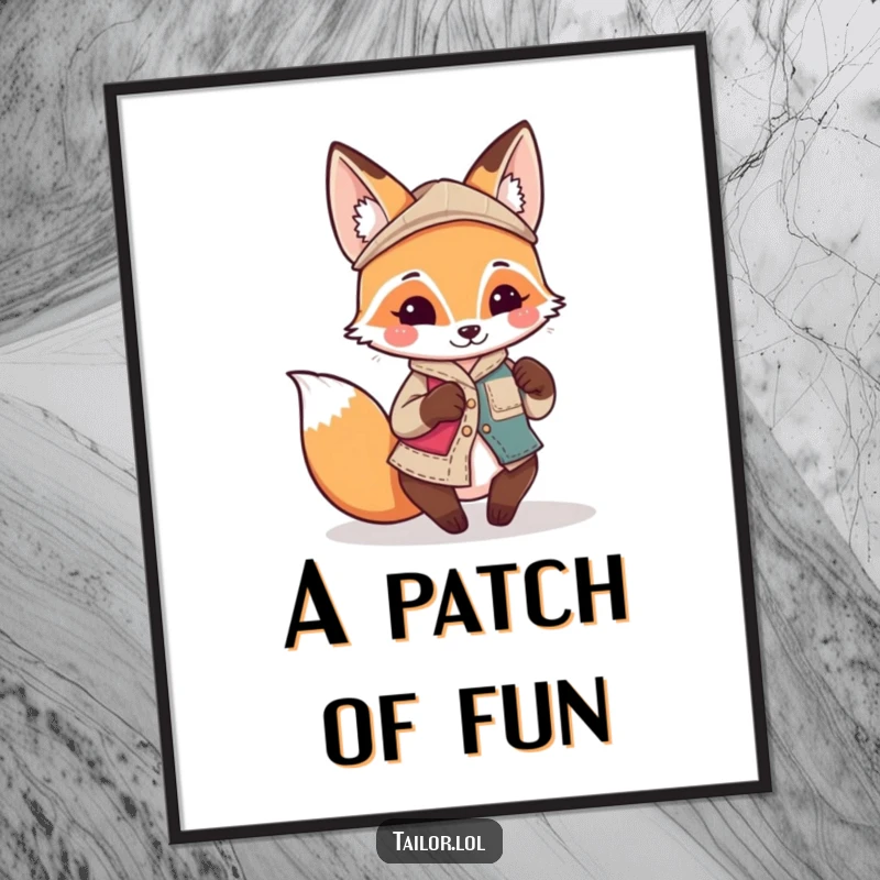 Funny Kawaii fox tailor character sewing a quirky, mismatched patch, downloadable art, perfect funny gift.