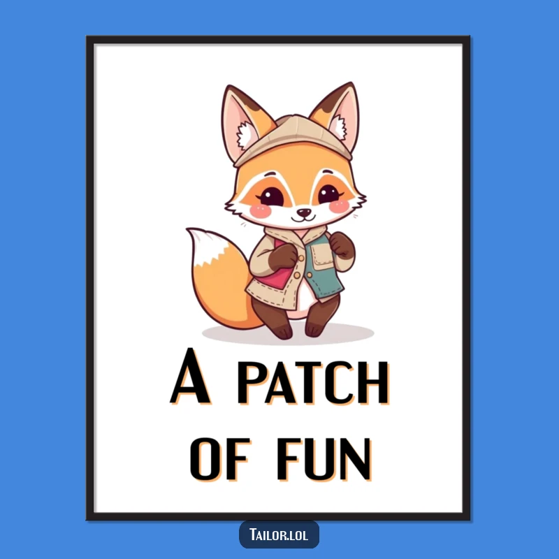 Funny Kawaii Fox Tailor Digital Art: Playful Patch Sewing, Instant Gift