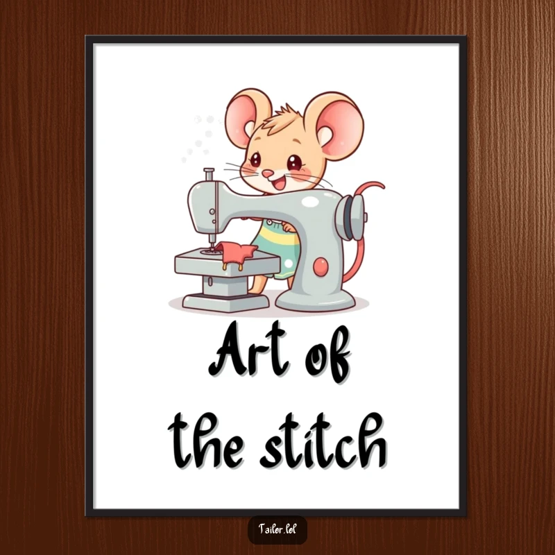 Funny Kawaii mouse tailor character joyfully operating an oversized sewing machine, humorous digital art print for sewing enthusiasts.