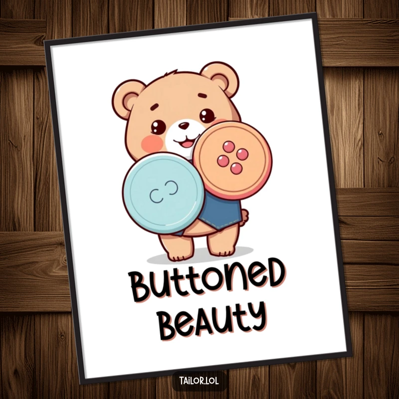 Funny digital art print of a happy Kawaii bear tailor proudly holding a large, colorful button, perfect for inspiring creative spaces.