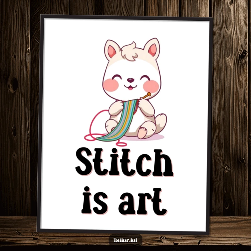 Funny sewing animal digital art print showing a cheerful character with a needle, crafting a long, colorful stitch, vibrant and amusing.