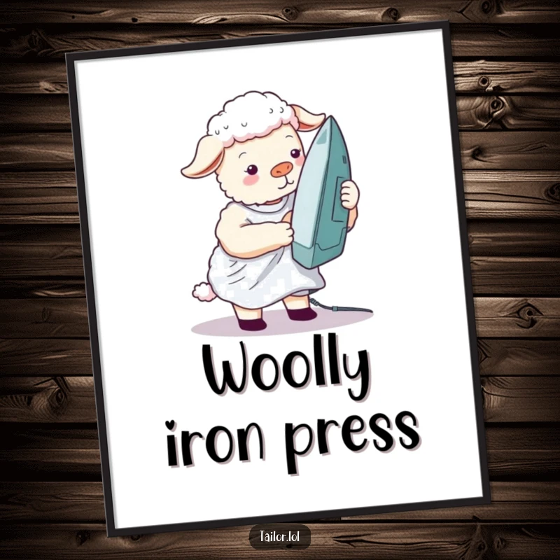 Funny silly sheep digital art print of a sheep ironing a wrinkled shirt with a giant iron, showing comical domestic effort.