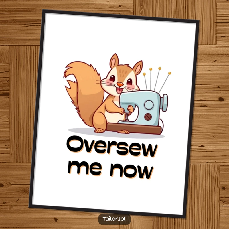Funny Digital Art Print: Cheerful squirrel sewing with oversized needles, a vibrant and humorous printable for decor.