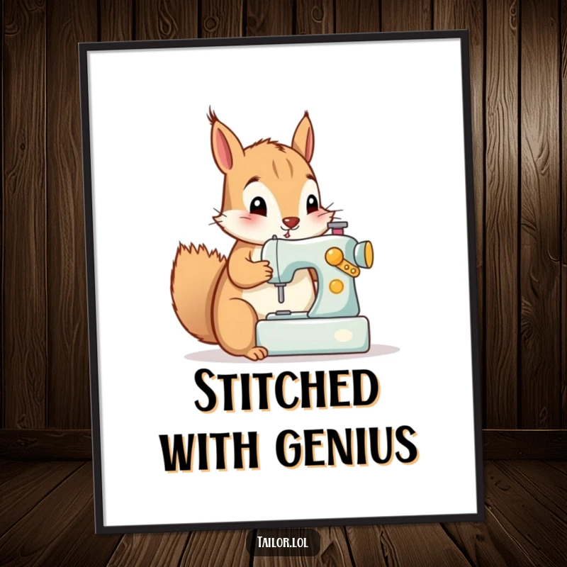 Funny digital art print of a curious squirrel enthusiastically sewing on a tiny machine, a whimsical decoration.