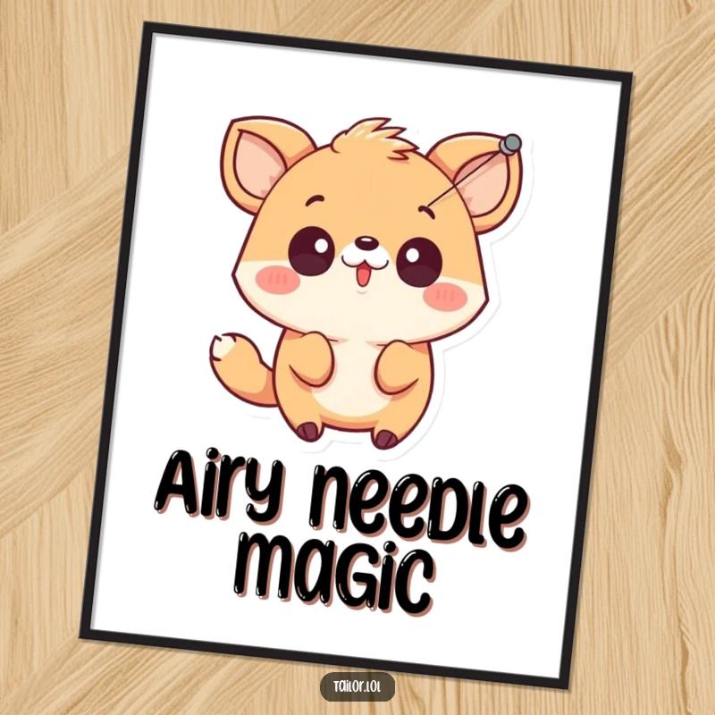 Funny cute animal character looking surprised by a needle and thread, available as a printable digital art download for instant humorous decor.