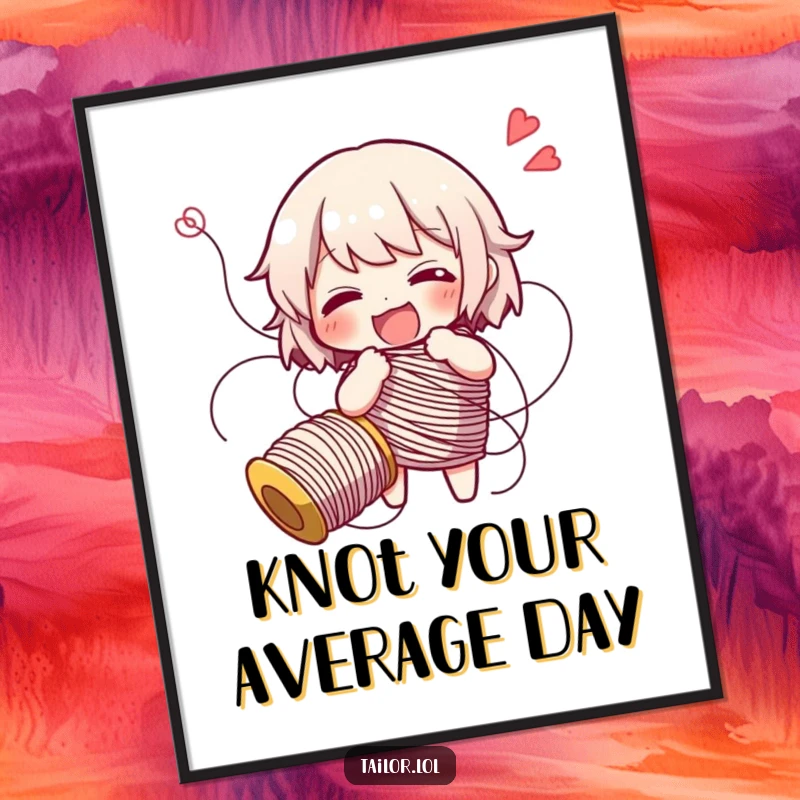 Funny character comically tangled in a long spool of thread, giggling, a humorous digital art print.