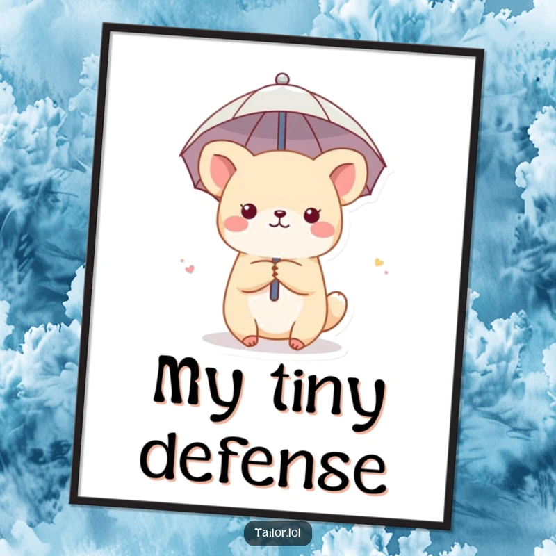 Funny digital art print of a cute animal character using a thimble as a tiny umbrella, offering instant whimsical charm.
