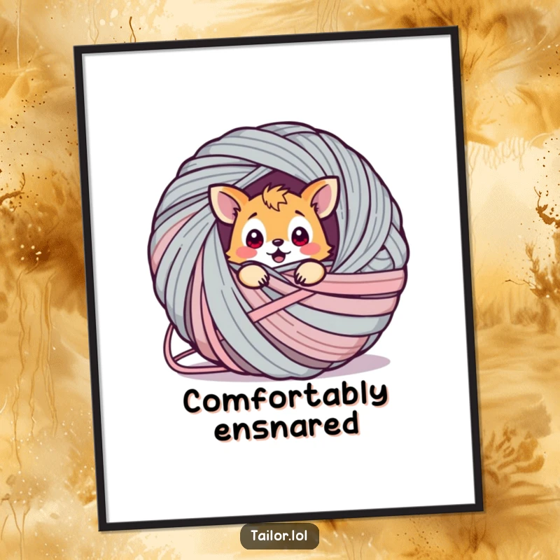 Funny animal digital art print, a surprised creature adorably entangled in a giant ball of yarn, showcasing comical cuteness.
