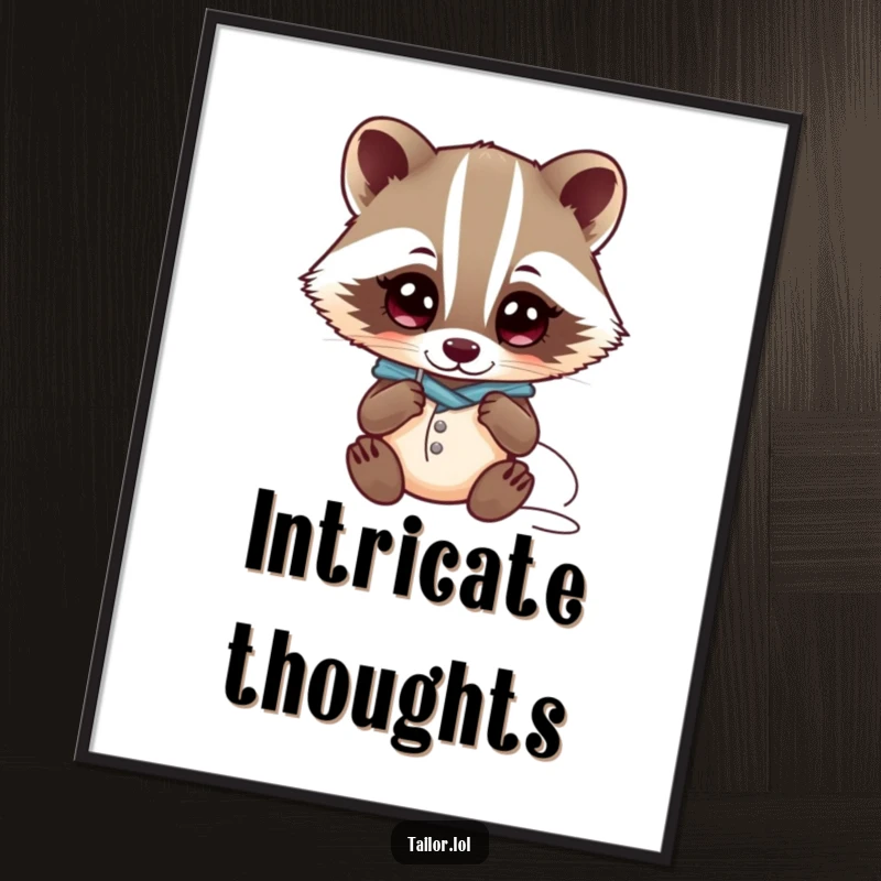 Funny Kawaii badger tailor character examining a needle and thread with wide eyes, downloadable art, perfect funny gift.