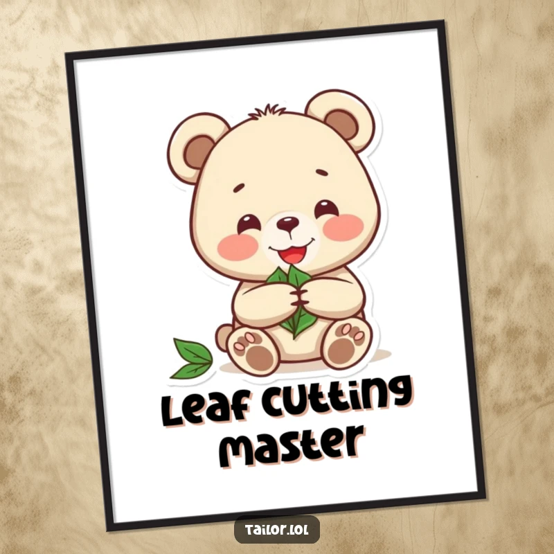 Funny digital art print of a joyful bear meticulously cutting a pattern from a leaf, a rustic decoration.