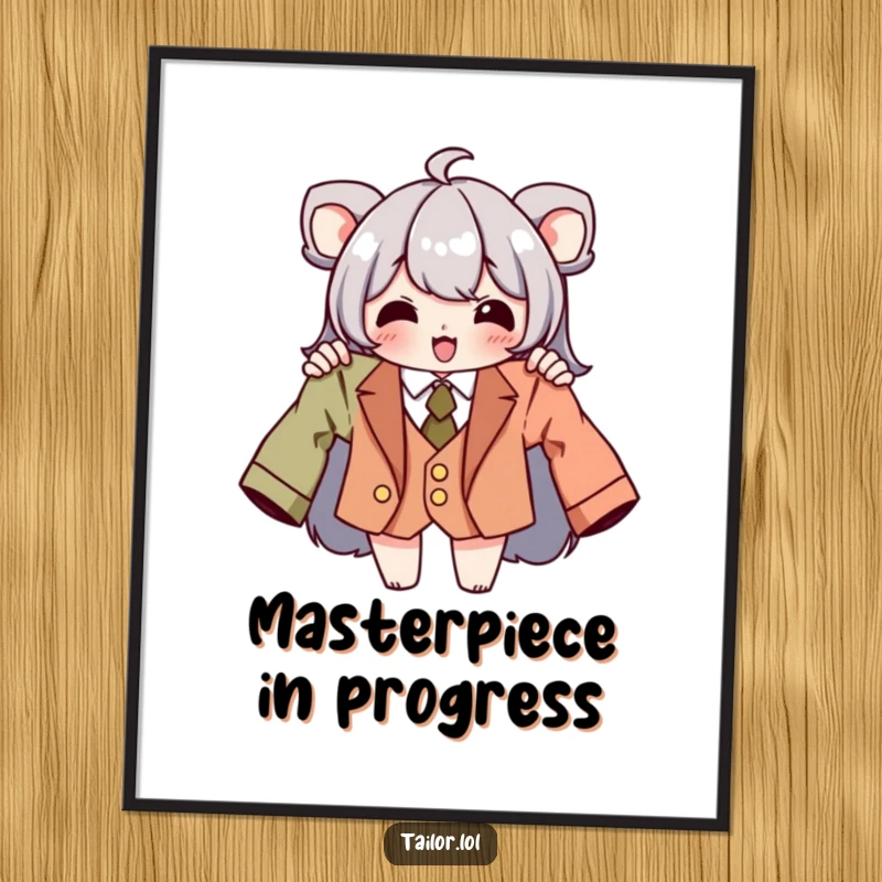 Funny tailor digital art print of a character beaming with a perfectly tailored garment, celebrating design.