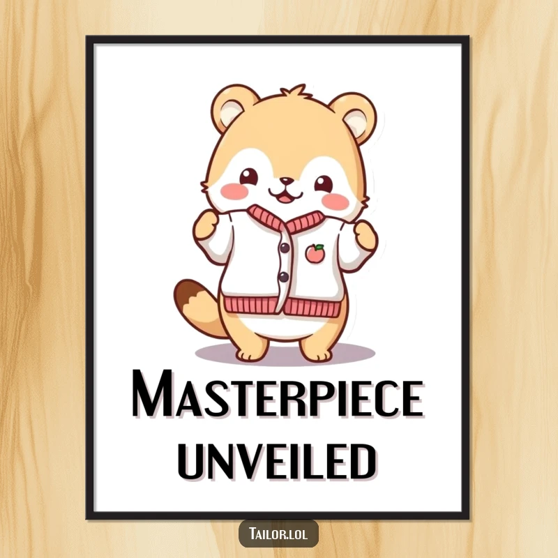 Funny Proud Crafter Digital Art Print: A cute animal character proudly displaying a finished tiny garment. Great for digital displays or printing.