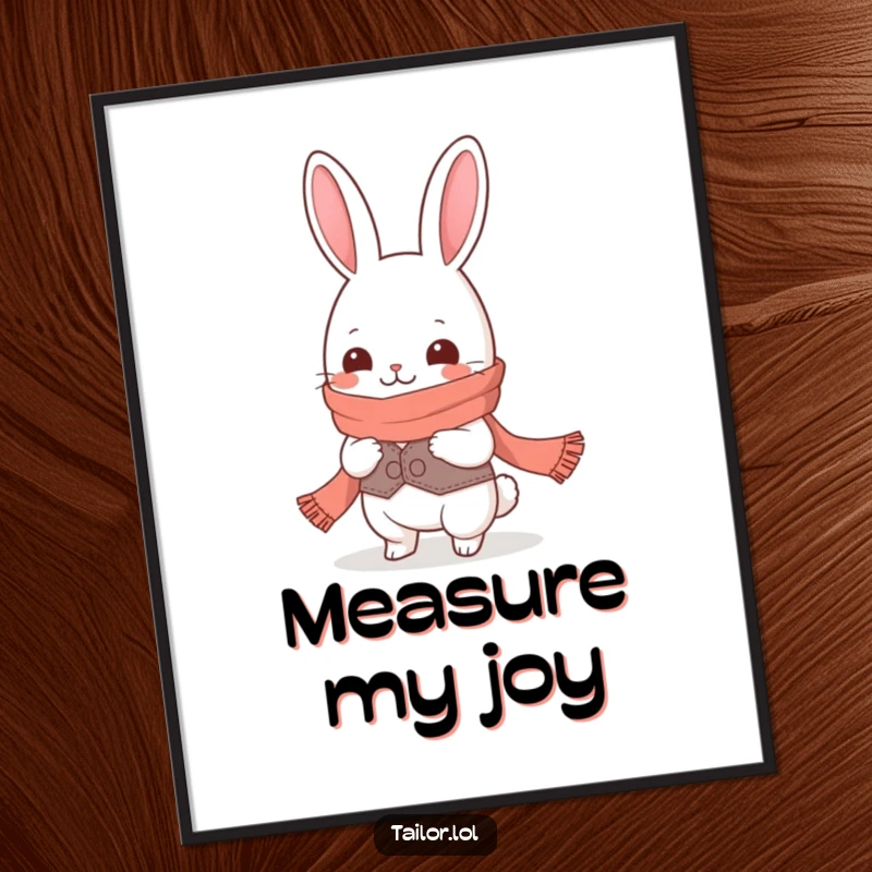 Funny Kawaii rabbit tailor character giggling while measuring a ridiculously long scarf, downloadable art, perfect funny gift.