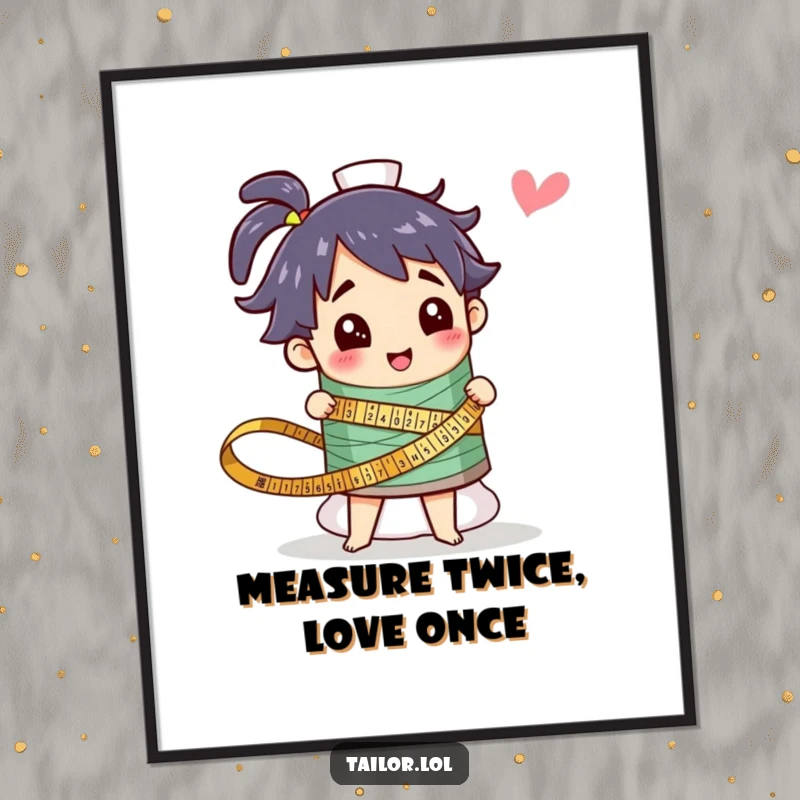 Funny digital art print of a character measuring a giant colorful thread spool, adding humor to any craft space. A great gift.