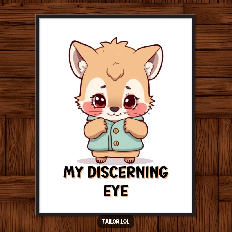 Funny digital art print of a curious animal character examining a garment with a critical eye, offering instant style humor.