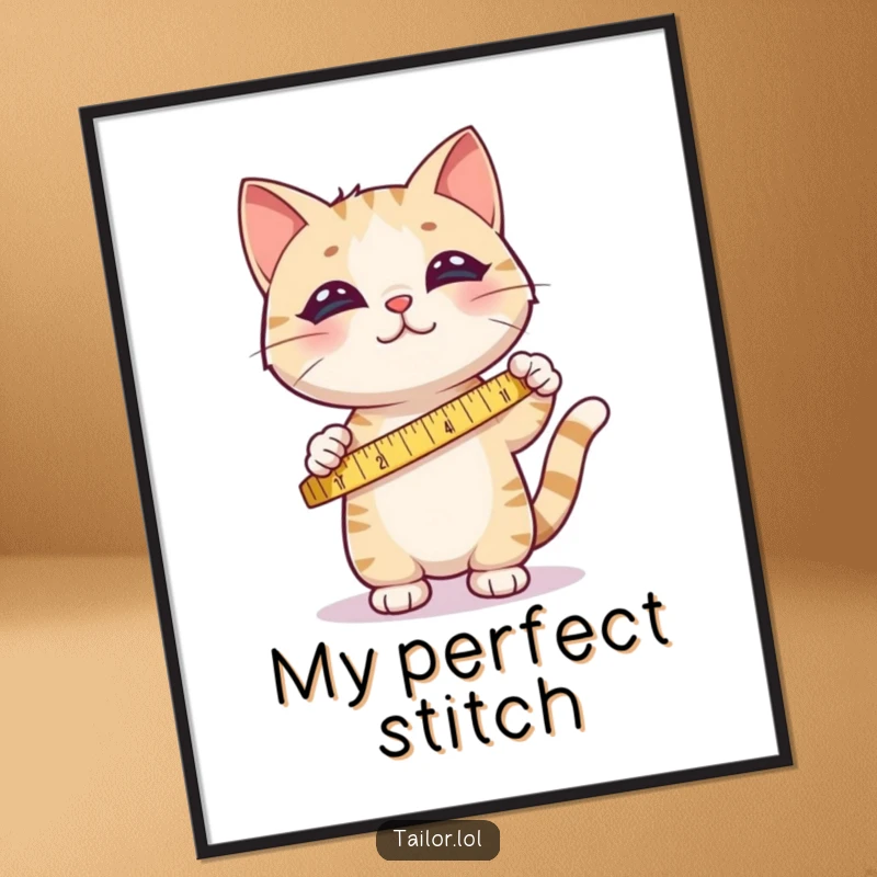 Funny digital art print of a cute cat happily measuring fabric with a tape measure, perfect for crafting spaces.