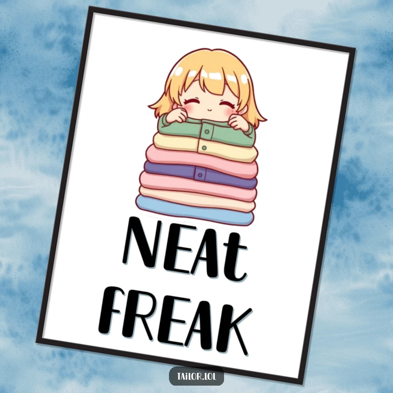 Funny digital art print of a proud character meticulously arranging a neat pile of folded garments, symbolizing the joy of tidiness.