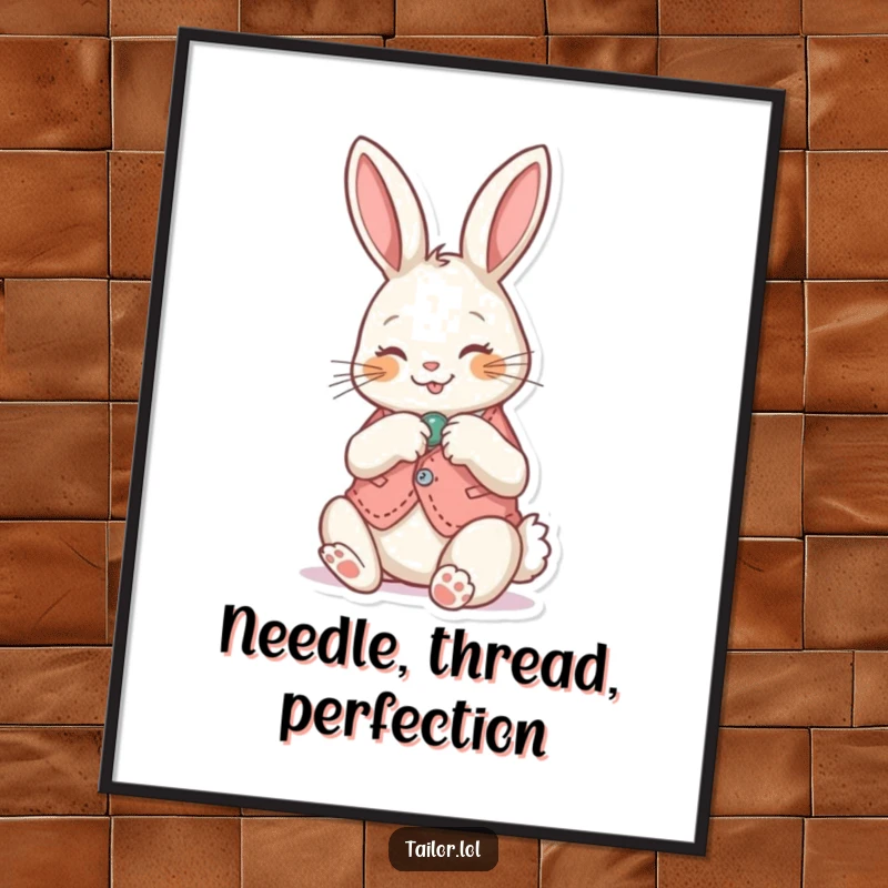 Funny Digital Art Print: Happy bunny sewing a button onto a tiny vest, a charming and humorous printable.