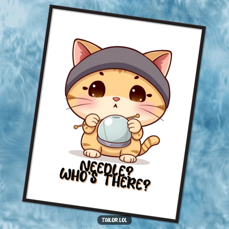 Funny surprised cat character wearing a thimble, inspecting a large sewing needle, digital art print for humorous wall decor.