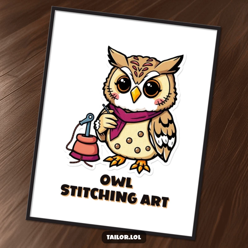 Funny cheerful owl tailor sewing a colorful patch, as a digital art print for humorous and inspiring decor.