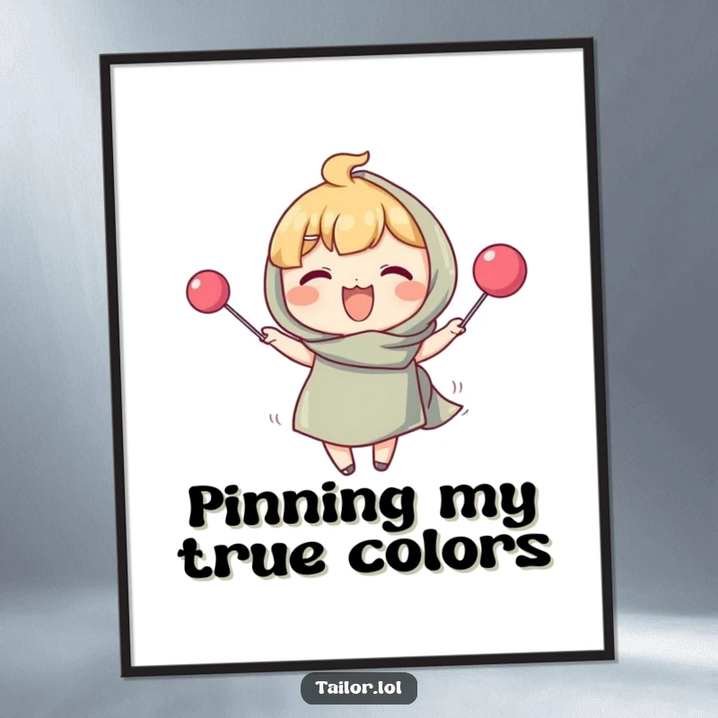 Funny digital art print of a character pinning fabric with a comically oversized pin, adding humor to any craft space. A great gift.