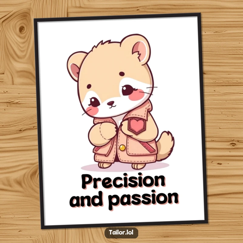 Funny Sewing Animal Digital Art Print: A cute animal character focused on sewing a patch onto a miniature jacket. Great for digital displays or printing.