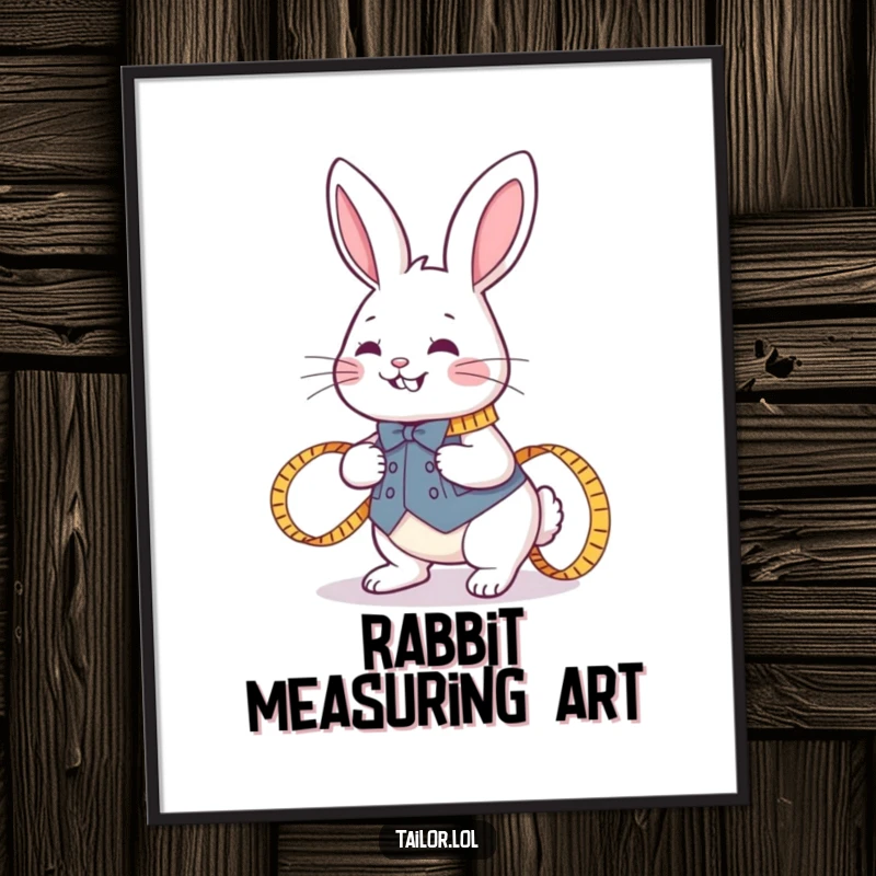 Funny joyful rabbit tailor hopping with a measuring tape, as a digital art print for humorous and inspiring decor.