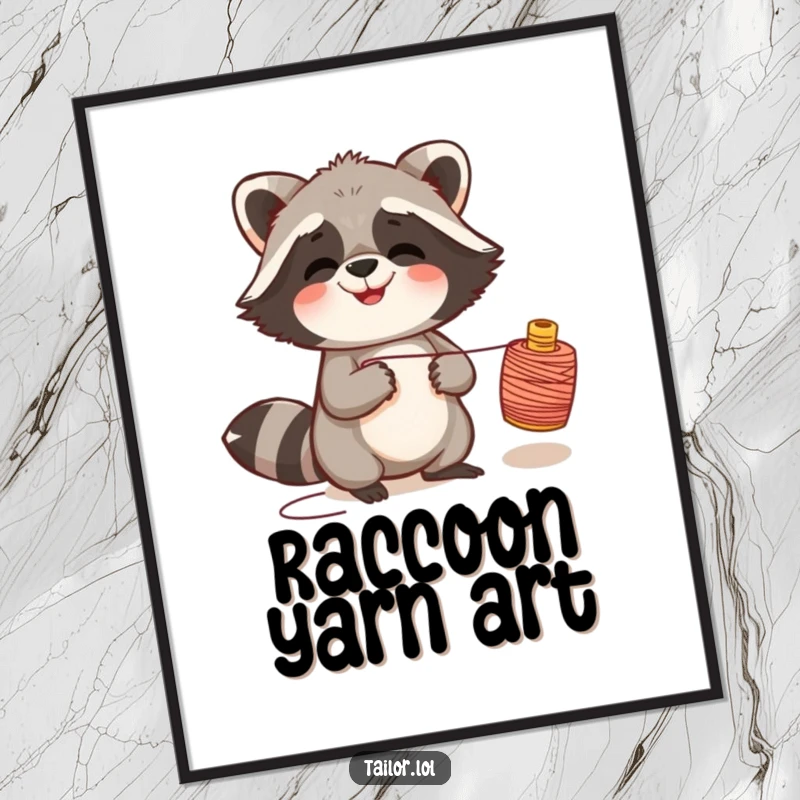 Funny giggling raccoon digital art print of a raccoon pulling a thread spool, radiating infectious laughter and mischief.