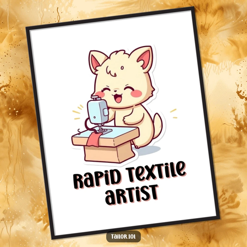 Funny fast sewer digital art print, a joyful animal character operating a sewing machine at lightning speed, energetic art.