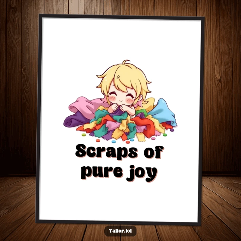Funny digital art print of a character sorting a pile of vibrant fabric scraps, adding humor to any craft space. A great gift.