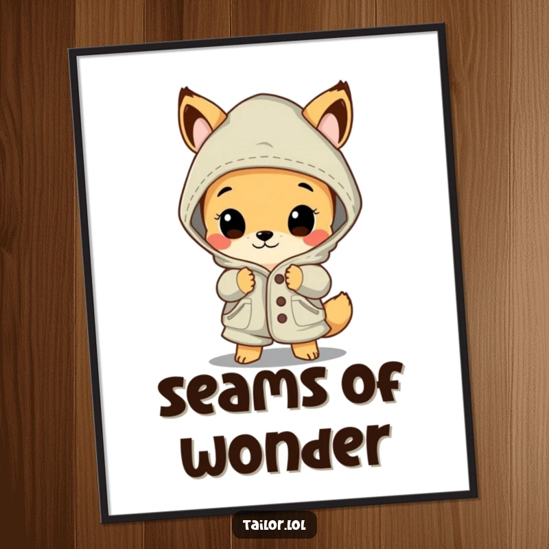 Funny animal digital art print, a curious creature marveling at an oversized, beautifully stitched garment, celebrating craftsmanship visually.