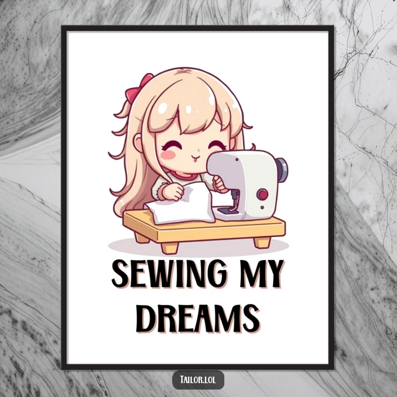 Funny digital art print of a happy, determined character using a sewing machine, symbolizing the joy and focus of creation.