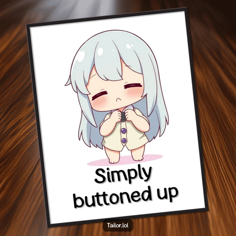 Funny digital art print of a character playfully adjusting a comically large button on a tiny shirt; instant art.