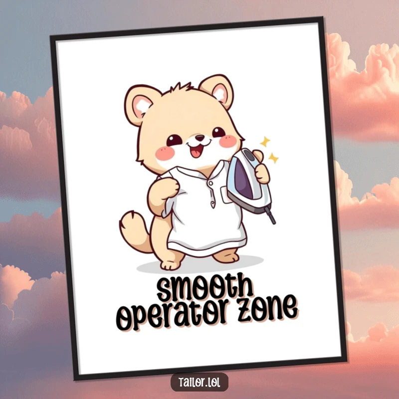 Funny digital art print of a cute animal character happily ironing a wrinkled shirt, exuding domestic bliss and humorous tidiness.