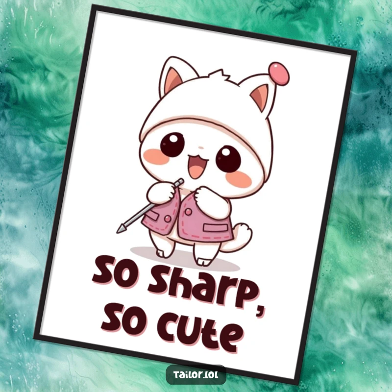 Funny digital art print of a kawaii animal character enthusiastically pinning a garment with a giant hatpin; instant art.