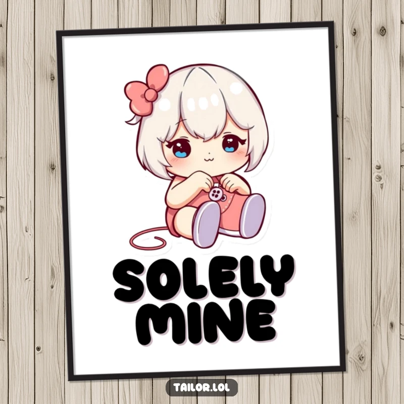 Funny digital art print of a character winking while sewing a button onto a tiny shoe, perfect for humorous craft room decor.