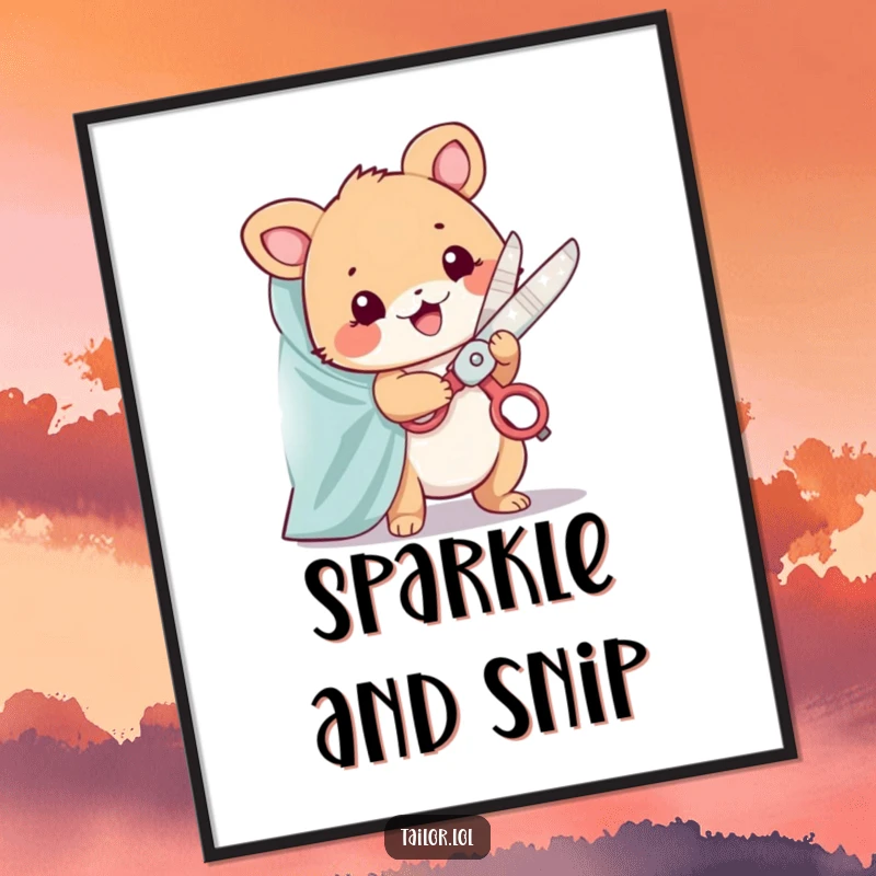 Funny digital art print of a cute animal character happily snipping fabric with oversized, sparkling scissors; instant art.