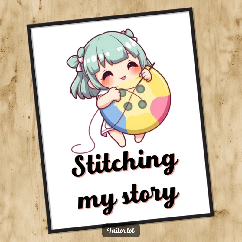 Funny character happily sewing a large colorful button, digitally rendered for instant art download.