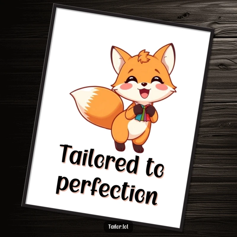 Funny digital art print of an excited fox pinning a colorful swatch to its tail, a whimsical decoration.