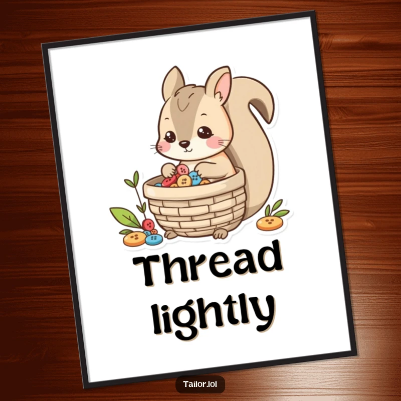 Funny playful squirrel character collecting shiny buttons in a basket, available as a high-resolution digital art print.