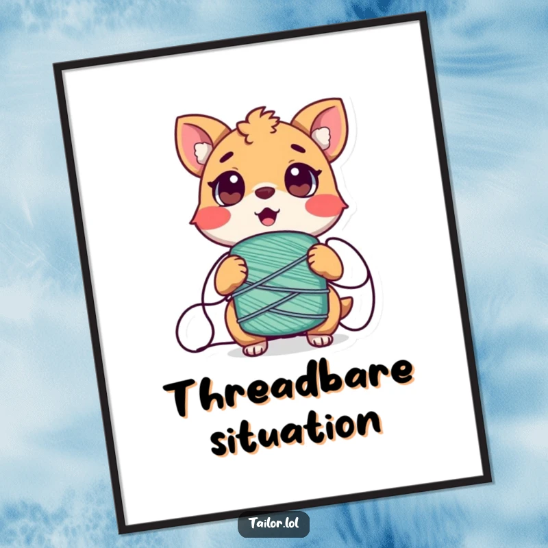 Funny Tangled Animal Digital Art Print, a humorous illustration of a surprised creature comically entangled in thread.