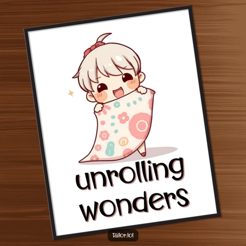 Funny digital art print of an ecstatic character unrolling a large bolt of patterned cloth, celebrating the beauty of textiles.