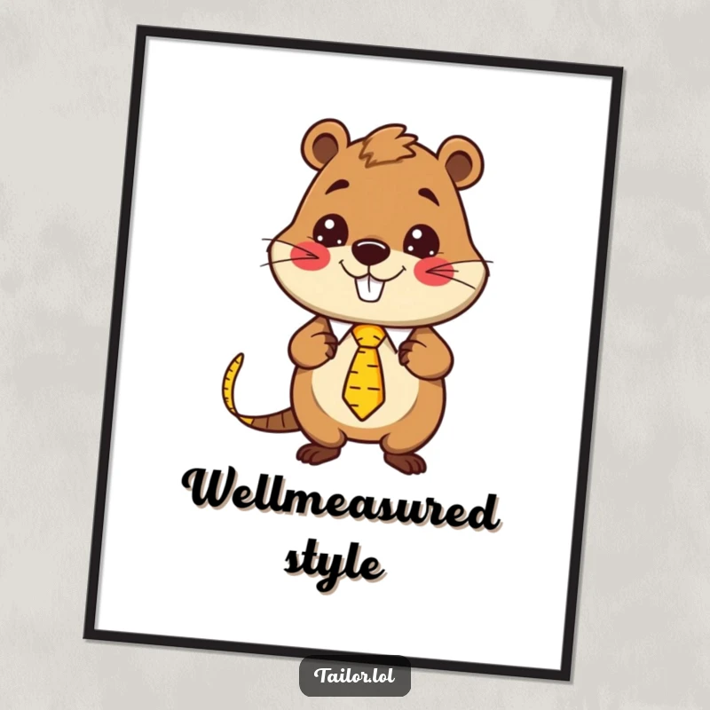 Funny Kawaii beaver tailor character wearing a measuring tape as a necktie, humorous digital art print for tailoring enthusiasts.