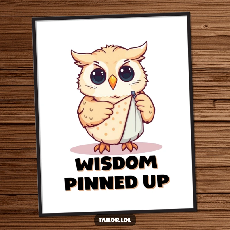 Funny Digital Art Print: Curious owl pinning a sewing pattern onto fabric, a wise and humorous printable for decor.