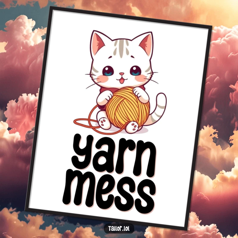 Funny digital art print of a surprised Kawaii cat tailor comically tangled in a large ball of yarn, perfect for inspiring creative spaces.
