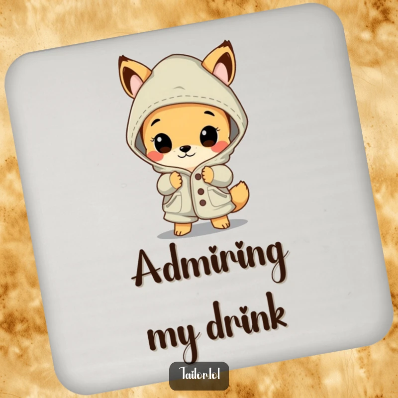 Funny animal drink coaster, a curious creature admiring a large, beautifully stitched garment, adding a touch of sophistication.