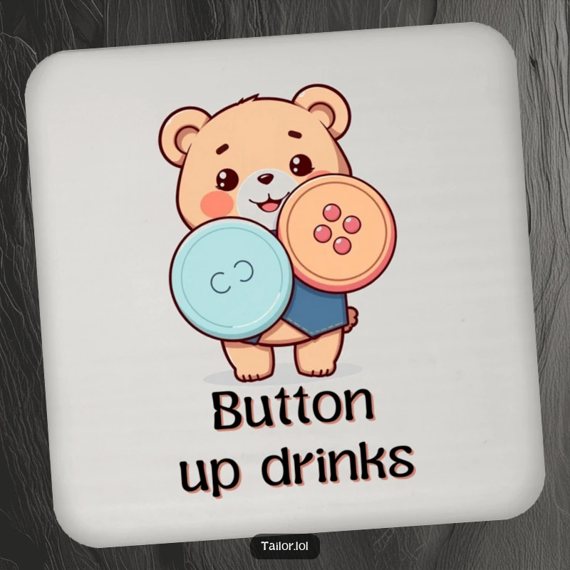 Funny drink coaster depicting a happy Kawaii bear tailor proudly holding a large sewing button, suitable for craft rooms and tables.