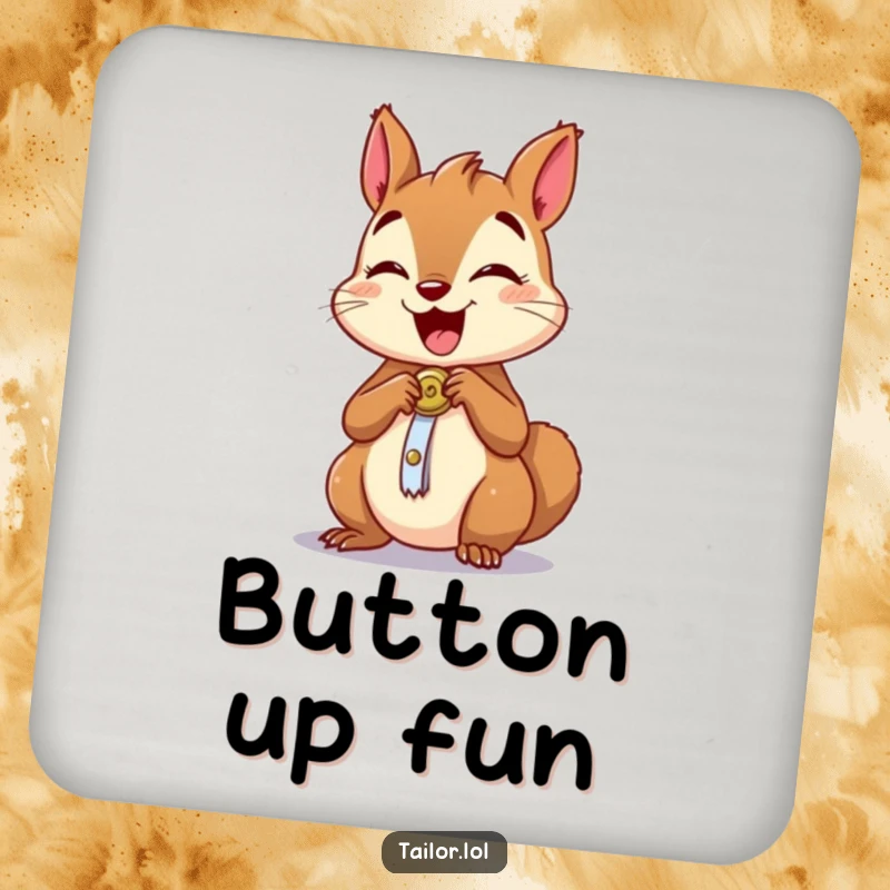 Funny drink coaster featuring an excited squirrel character sewing a button, adding humor to any drink setting.