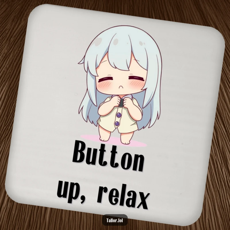 Funny drink coaster showing a character playfully adjusting a comically large button on a tiny shirt, protects surfaces.